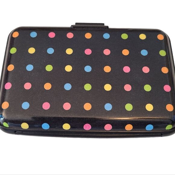 NE Credit Card Hardcase 8 Slots Black With Rainbow Polka Dots - Picture 1 of 4